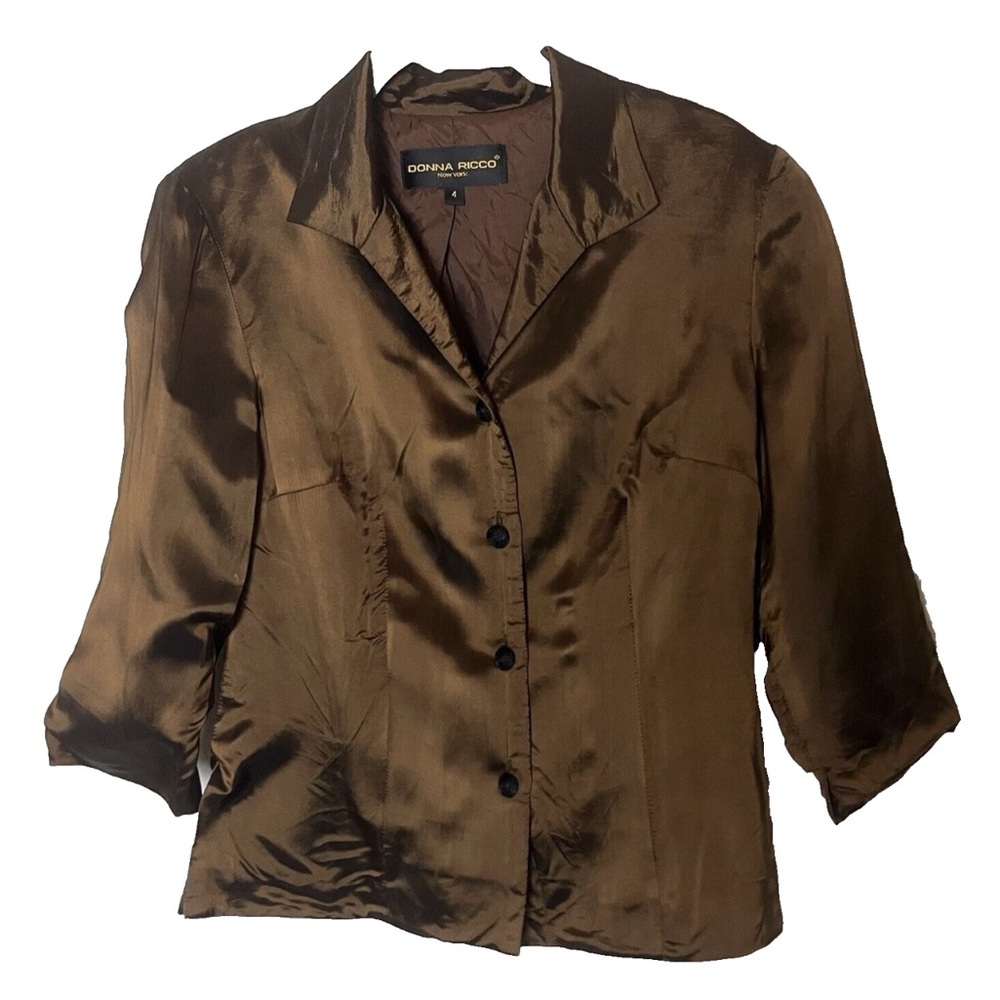 Donna Ricco NY Blouse Size 4 Top 3/4 Sleeves Chocolate Brown Satin Button Up